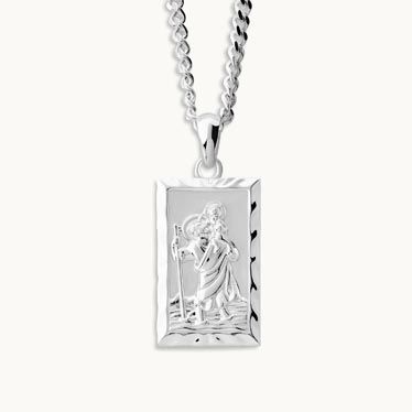 Sterling Silver Medium Rectangle St Christopher Necklace