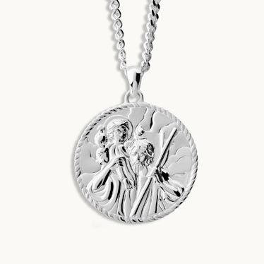 Sterling Silver 24mm Round St Christopher Necklace with Curb Chain