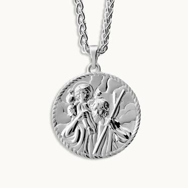 Sterling Silver 24mm Round St Christopher Necklace with Spiga Chain
