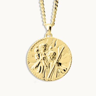 Gold plated Sterling Silver  24mm Round St Christopher Necklace with Curb Chain