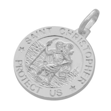 Sterling Silver round St Christopher pendant with 3d centre and Protect us worded border