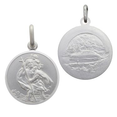 Sterling Silver St Christopher pendant round with satin centre bevelled edge - front and reverse image
