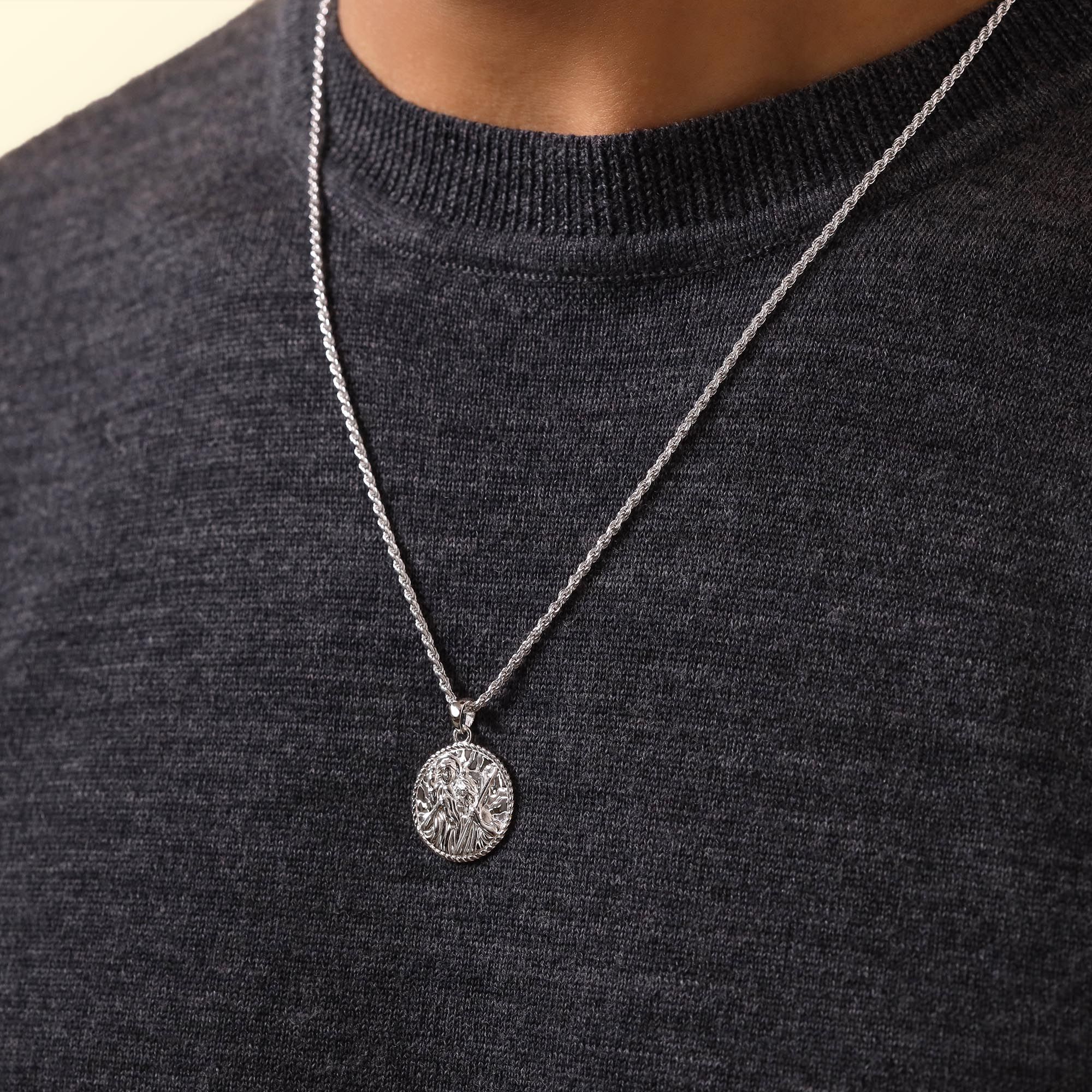 Sterling Silver 20mm Round St Christopher Necklace with Rope Chain