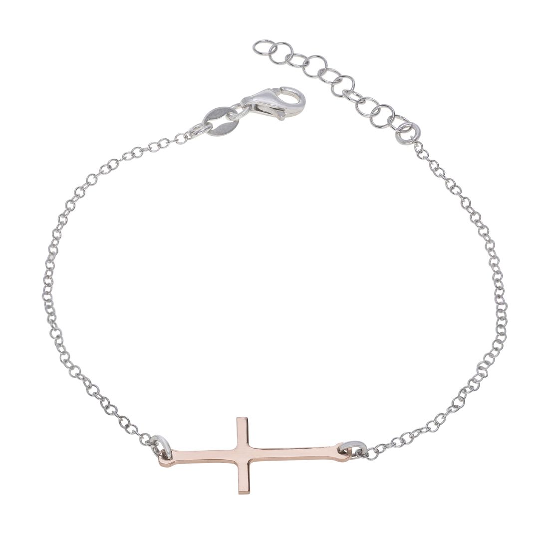 Sterling Silver Sideways Cross Rose Gold Plated Extendable Bracelet New